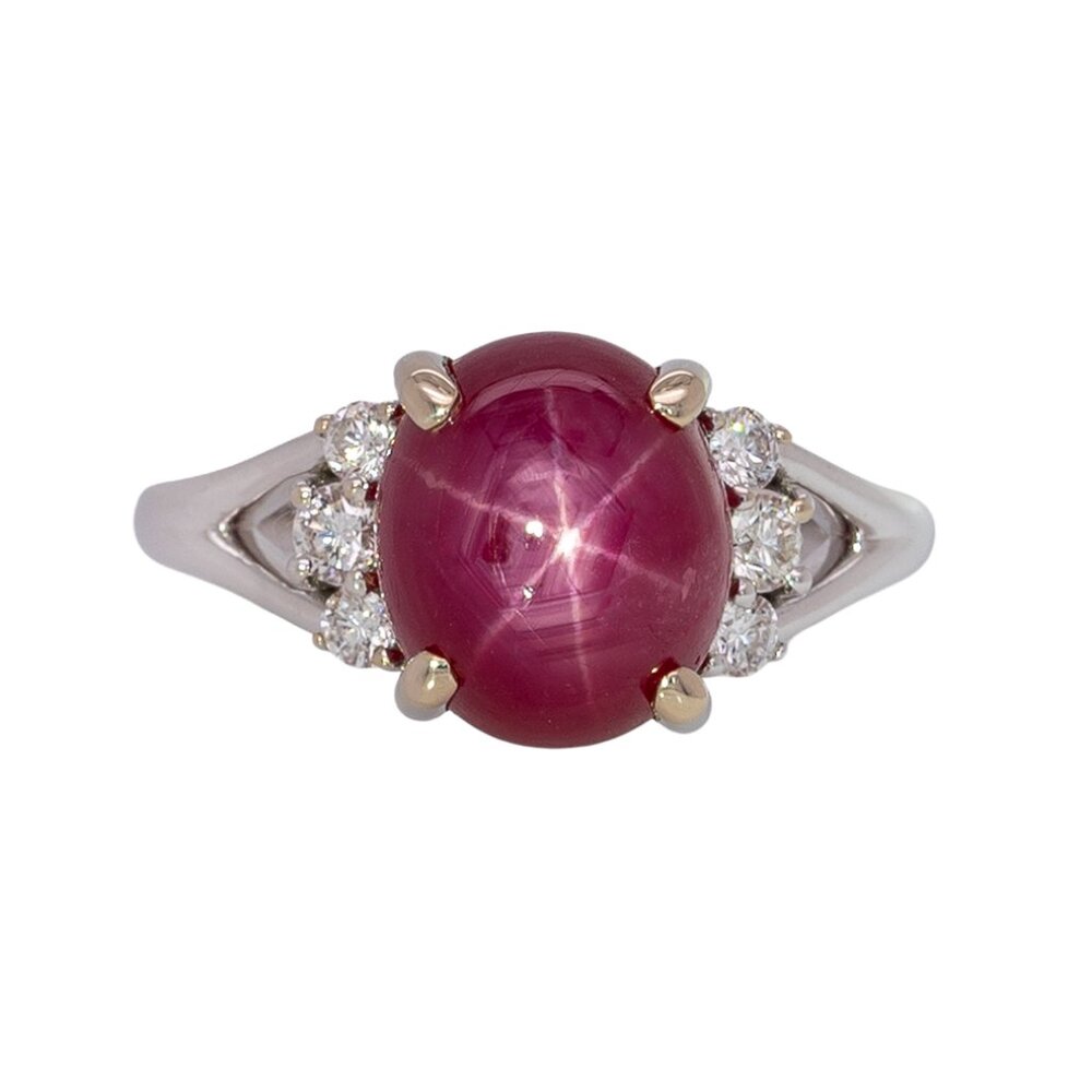 6.67ct Star Ruby & Natural Diamond Split Shank Ring in 14K White Gold
